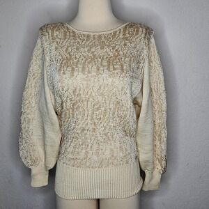 VTG KippSport Wool Rayon Metallic Lurex 80's Sweater Balloon Sleeves Gold M
